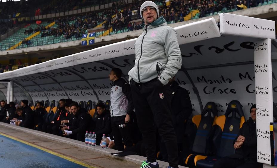 Davide Ballardini stands on the top of the steps of the Palermo bench looking out onto the pitch