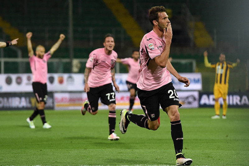 Vazquez blows a kiss to the stands after scoring a goal against Verona
